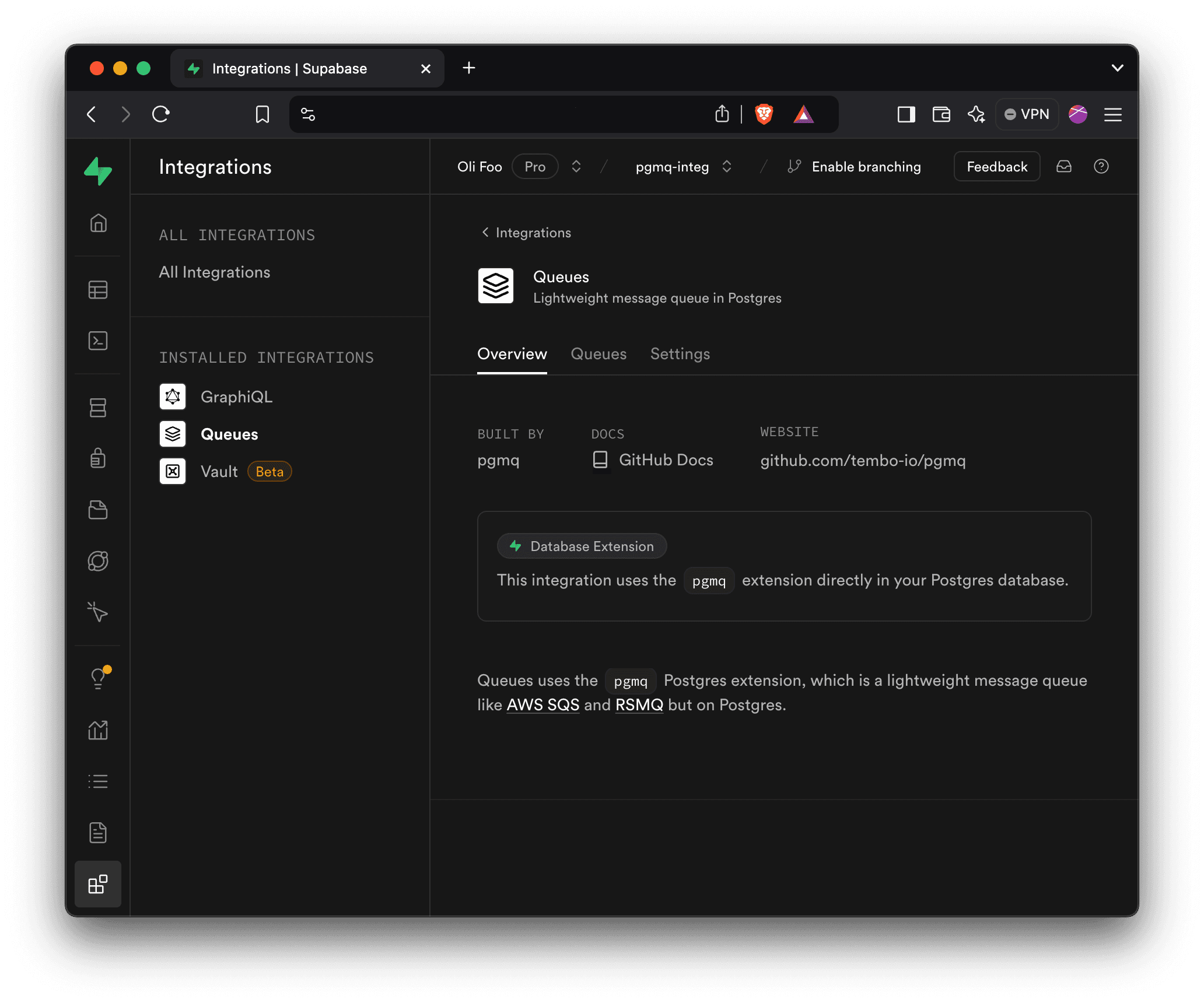 Supabase Dashboard Integrations page, showing the Queues Postgres Module
