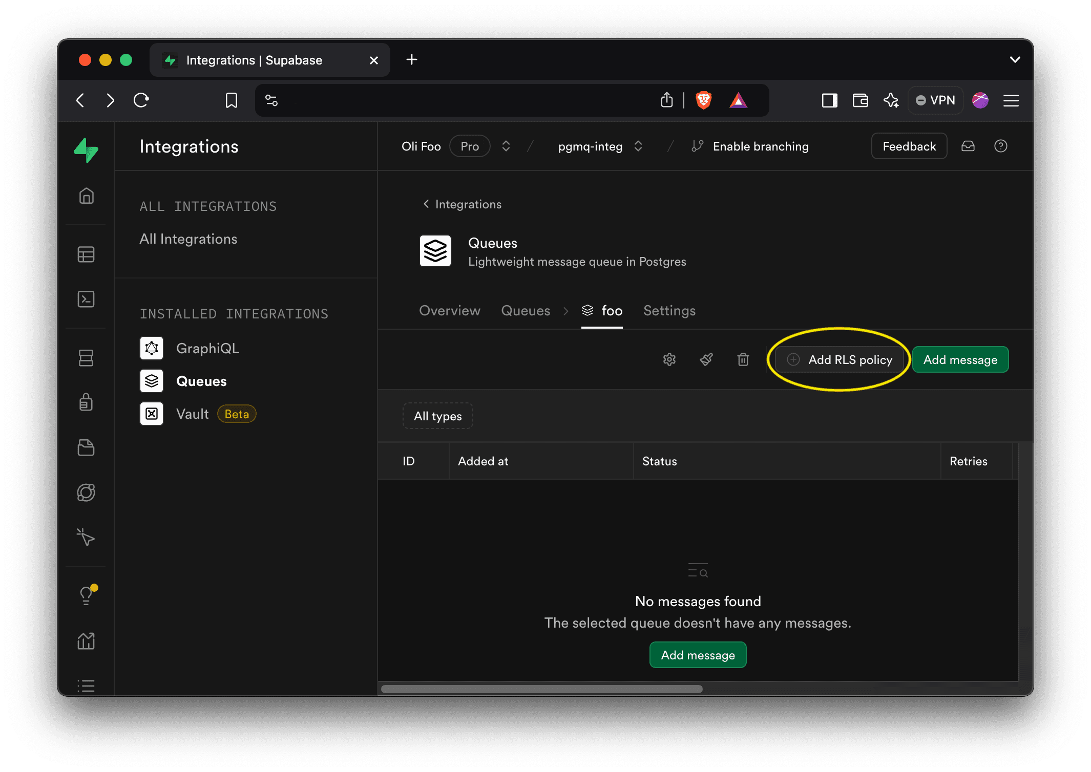 Screenshot of creating an RLS policy from the Queues settings